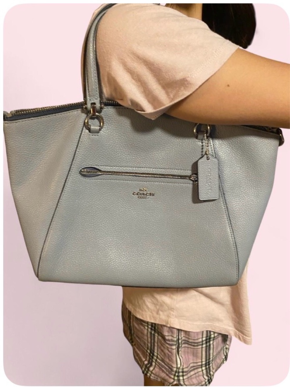 Coach Light Blue Pebbled Leather Tote with Zip Pocket